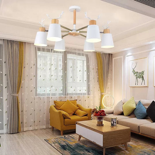 White Nordic Style Antler Chandelier - Metal Bucket Hanging Light for Living Room