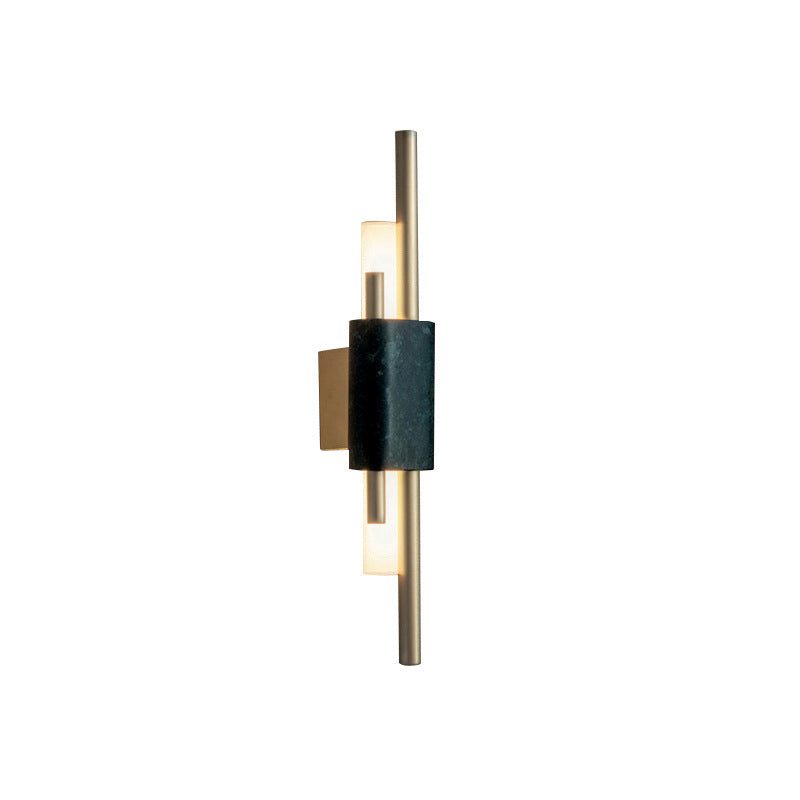 Modern Brass LED Wall Sconce with Slim Tube Design and Black Marble Deco