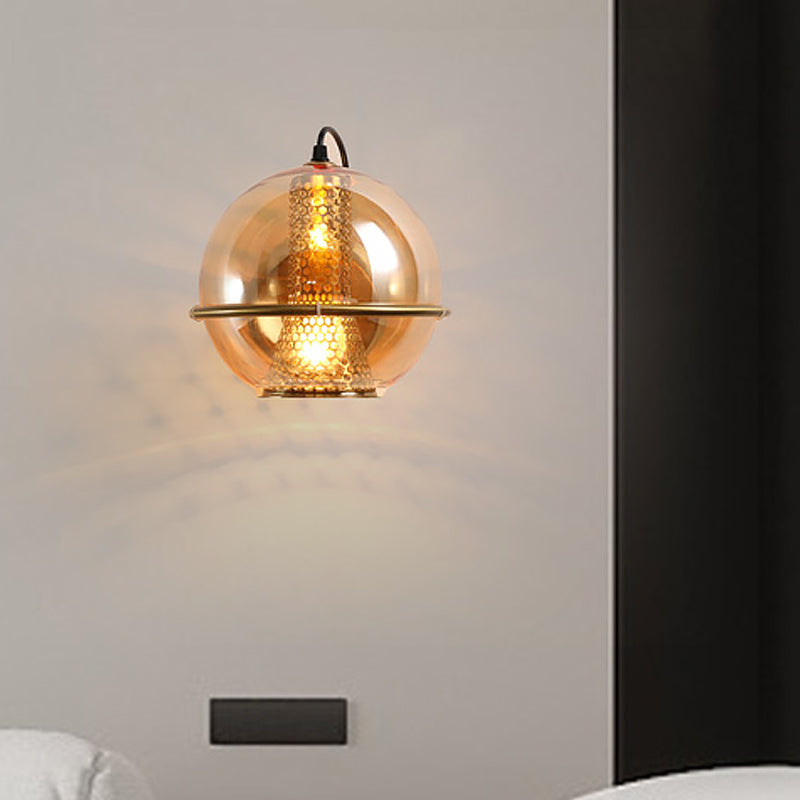 Modern Brass Sphere Wall Sconce with Cognac Glass - Bedside Light Fixture