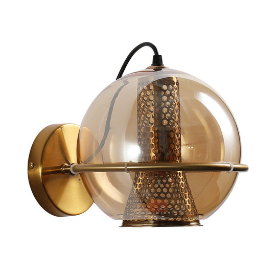Modern Brass Sphere Wall Sconce with Cognac Glass - Bedside Light Fixture