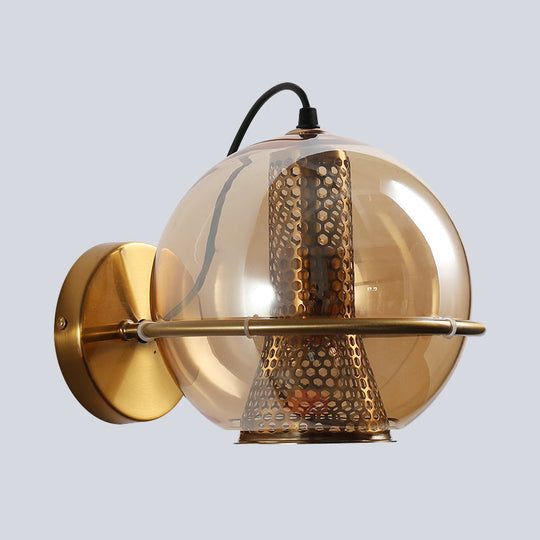 Modern Brass Sphere Wall Sconce with Cognac Glass - Bedside Light Fixture