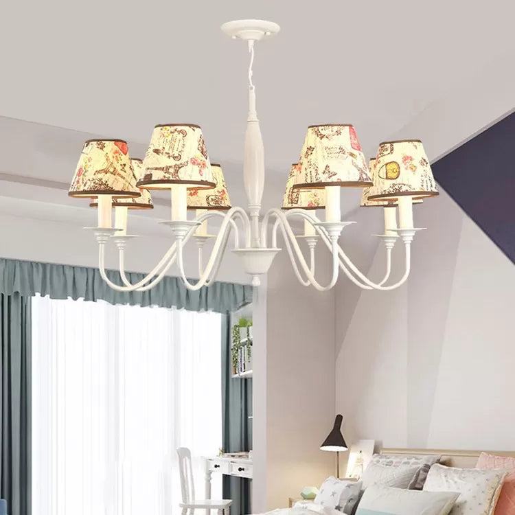 Modern Hanging Light Chandelier for Study Room - Metal Frame with White Fabric Shade