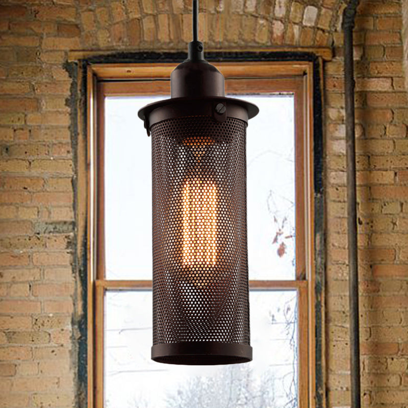 Industrial Metal Hanging Pendant Lamp with Mesh Cage Shade - Black/Rust Finish