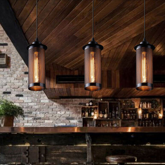 Industrial Metal Hanging Pendant Lamp with Mesh Cage Shade - Black/Rust Finish