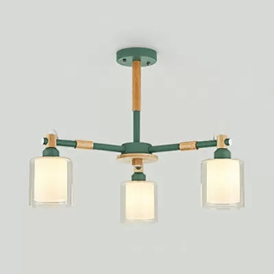 Nordic Style Wood & Glass Cylinder Chandelier with 3 Heads - Ideal Hanging Light for Hallway or Kid's Bedroom