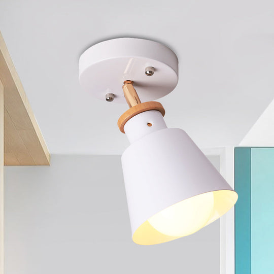 Minimalist Iron Semi Flush Ceiling Lamp in White/Green with Adjustable Rod - Conical Flush Lighting Fixture, 1 Bulb