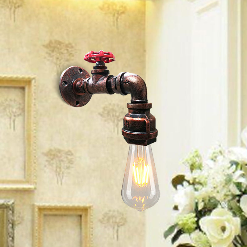Iron Water Pipe Balcony Sconce Industrial Lamp with Red Valve Deco - Silver/Black/Rust