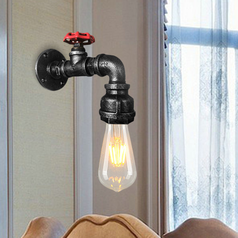 Iron Water Pipe Balcony Sconce Industrial Lamp with Red Valve Deco - Silver/Black/Rust
