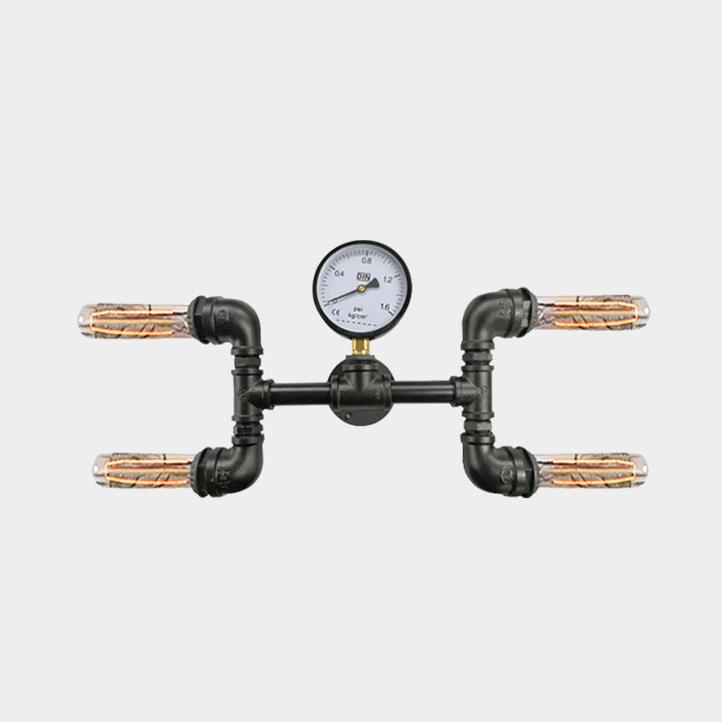 Farmhouse Black Iron Wall Mount Sconce with 4-Bulb H-Shape Design and Gauge Deco