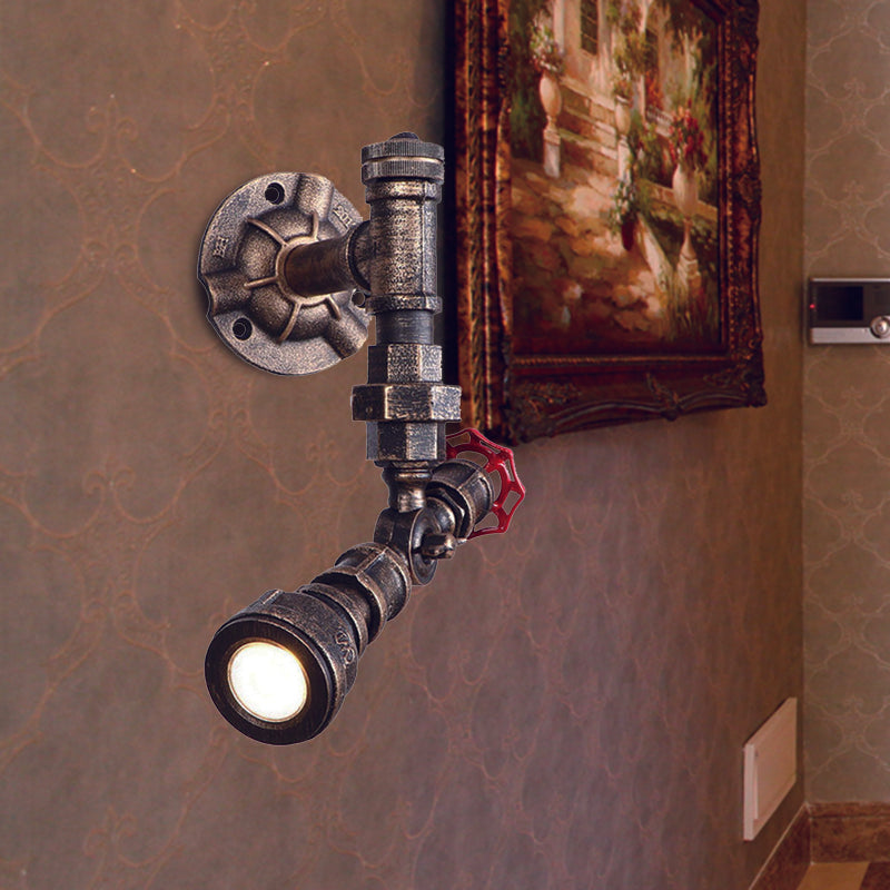 Farmhouse Water Pipe Iron Wall Lamp in Bronze with Red Valve Deco - 1/2-Bulb Sconce Light Fixture
