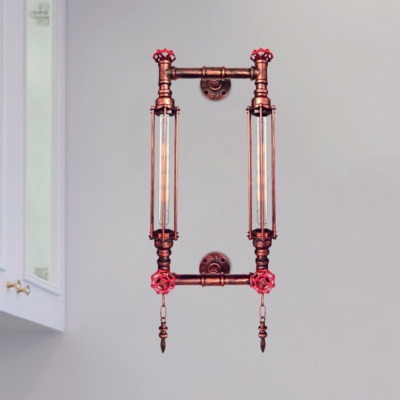 Antiqued Metal Rectangle Frame Wall Lamp Sconce - 2 Lights - Black/Copper