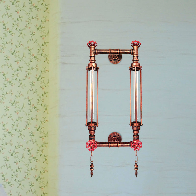 Antiqued Metal Rectangle Frame Wall Lamp Sconce - 2 Lights - Black/Copper