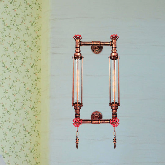 Antiqued Metal Rectangle Frame Wall Lamp Sconce - 2 Lights - Black/Copper