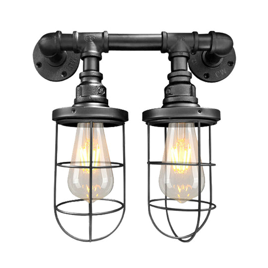 Farmhouse Wire Cage Sconce Light Fixture with 2 Bulbs - Coffee Shop Wall Mount Pipe Lamp in Black/Brass