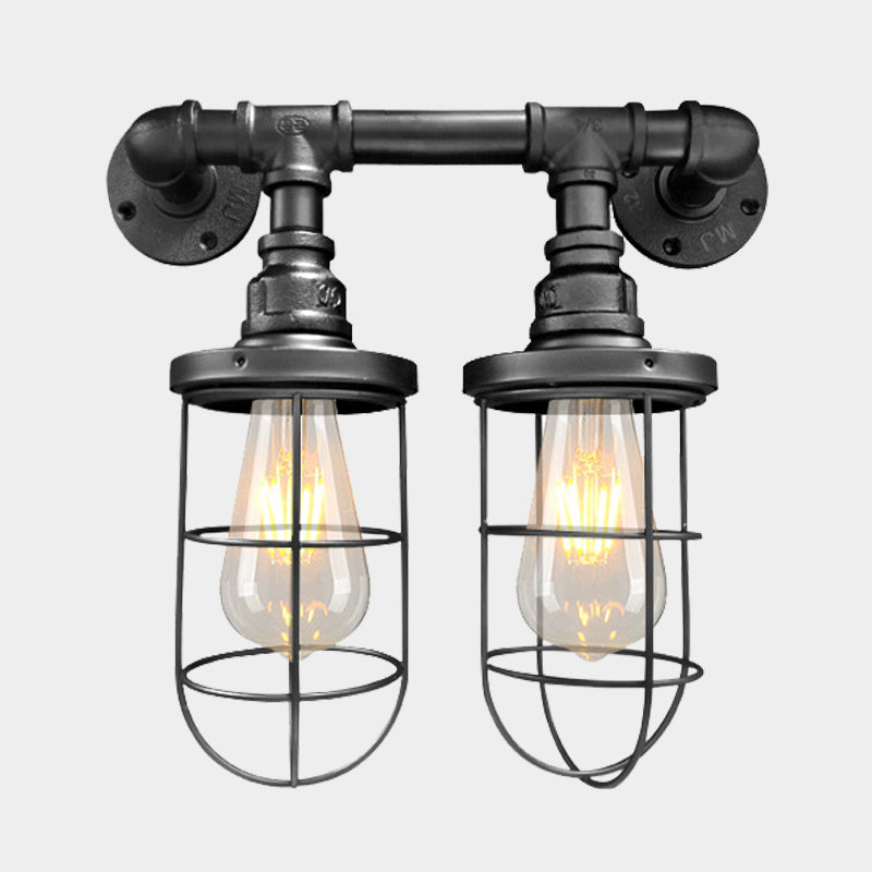 Farmhouse Wire Cage Sconce Light Fixture with 2 Bulbs - Coffee Shop Wall Mount Pipe Lamp in Black/Brass