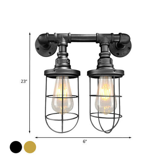Farmhouse Wire Cage Sconce Light Fixture with 2 Bulbs - Coffee Shop Wall Mount Pipe Lamp in Black/Brass