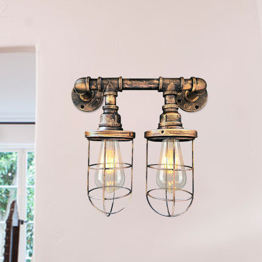 Farmhouse Wire Cage Sconce Light Fixture with 2 Bulbs - Coffee Shop Wall Mount Pipe Lamp in Black/Brass