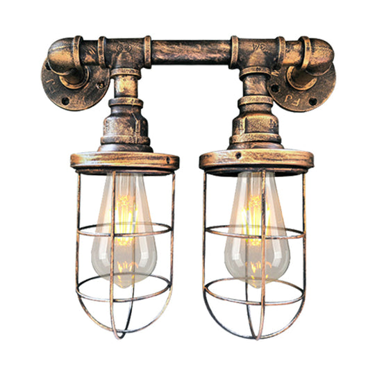 Farmhouse Wire Cage Sconce Light Fixture with 2 Bulbs - Coffee Shop Wall Mount Pipe Lamp in Black/Brass