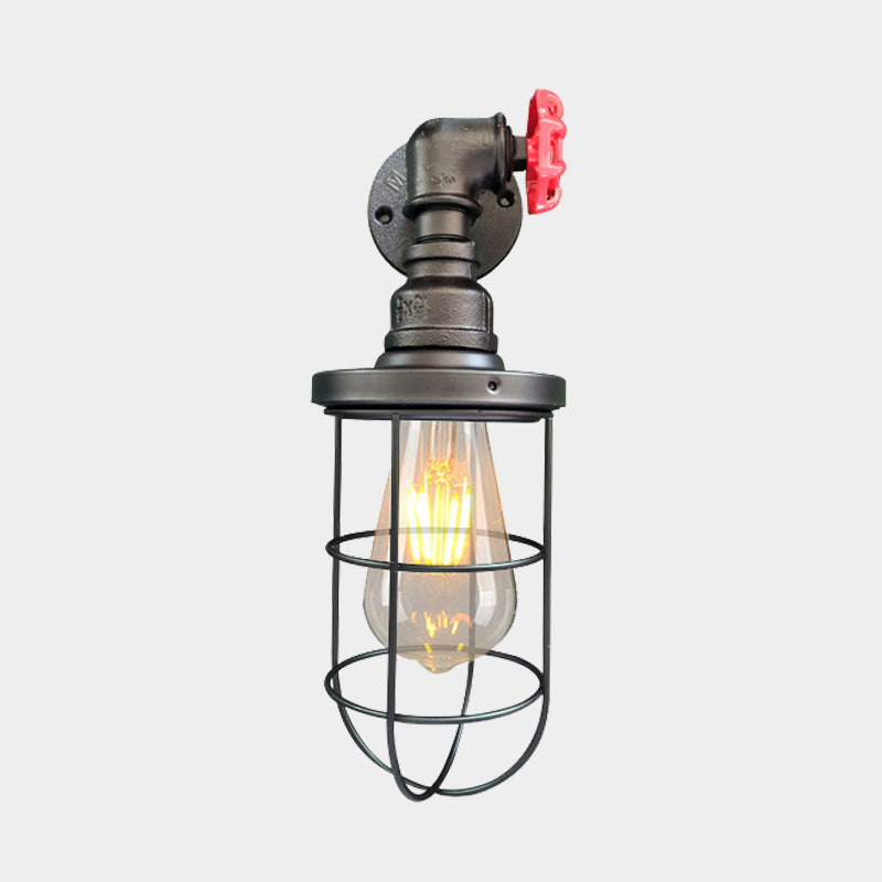 1-Light Industrial Wall Sconce with Cage Metallic Shade in Black/Rust for Corridors