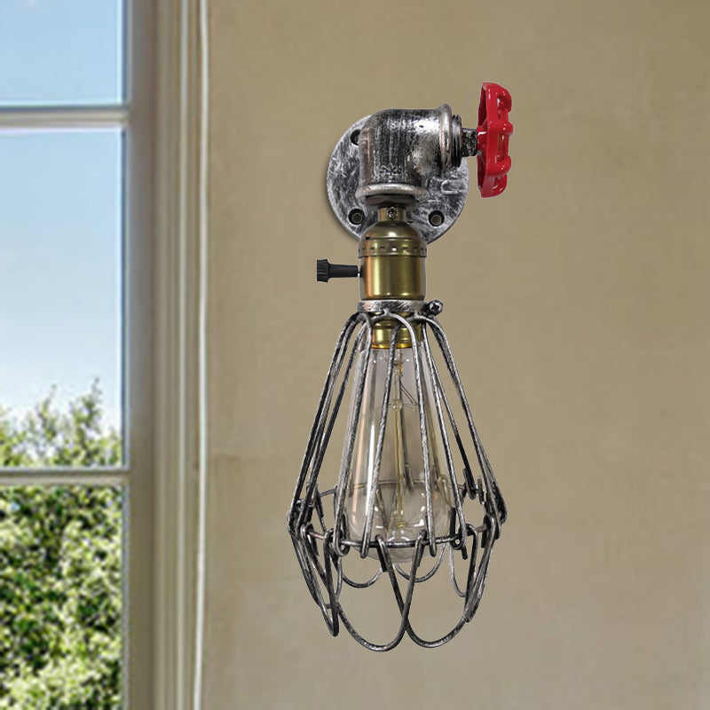 Vintage Metal Wall Lamp with Valve Deco - Conical Cage Sconce Light Fixture