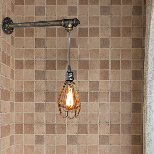 Brass Metal Caged Wall Sconce Lamp - Industrial Pipe Light for Restaurants - 1 Bulb Wall Mount