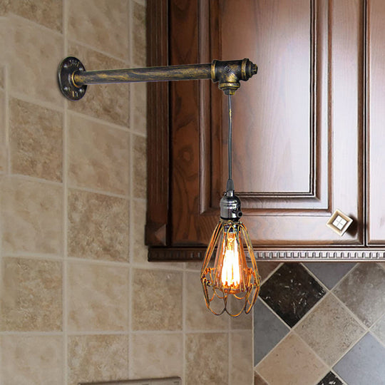 Brass Metal Caged Wall Sconce Lamp - Industrial Pipe Light for Restaurants - 1 Bulb Wall Mount