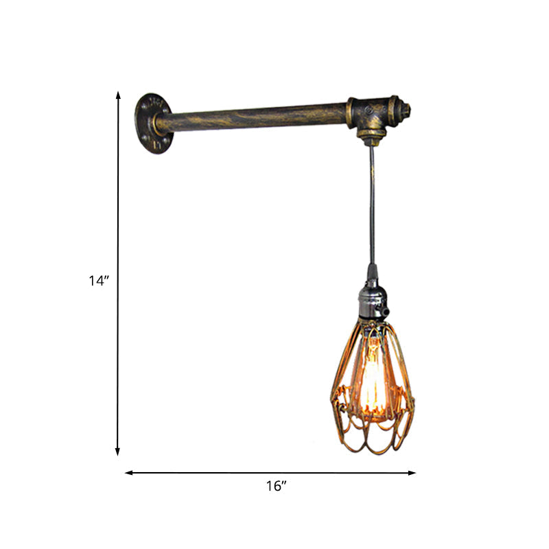 Brass Metal Caged Wall Sconce Lamp - Industrial Pipe Light for Restaurants - 1 Bulb Wall Mount