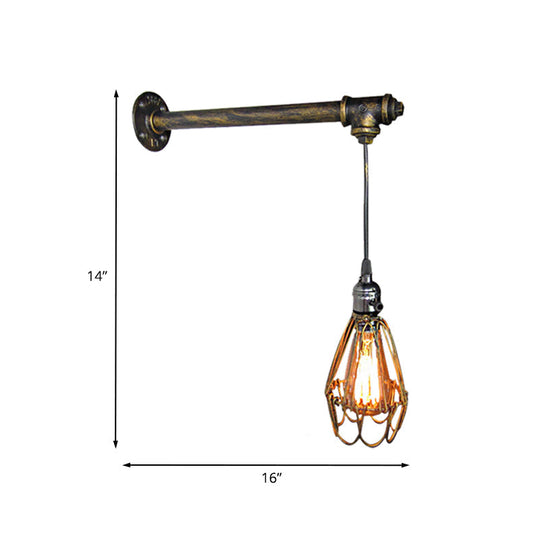 Brass Metal Caged Wall Sconce Lamp - Industrial Pipe Light for Restaurants - 1 Bulb Wall Mount
