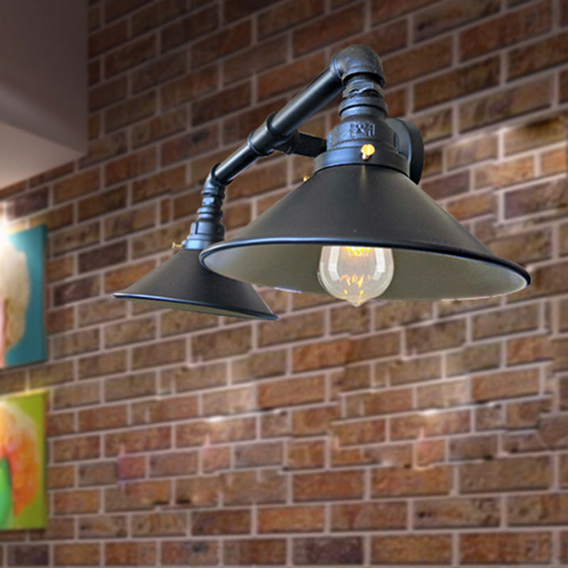 Farmhouse Living Room Wall Sconce: 2-Head Saucer Metal Shade in Black