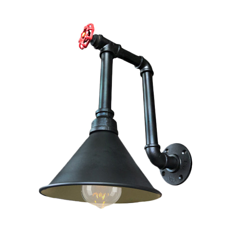 Rustic Black/Bronze Metal Wall Sconce with Cone Shade for Restaurants - 1 Light Pipe and Valve Design