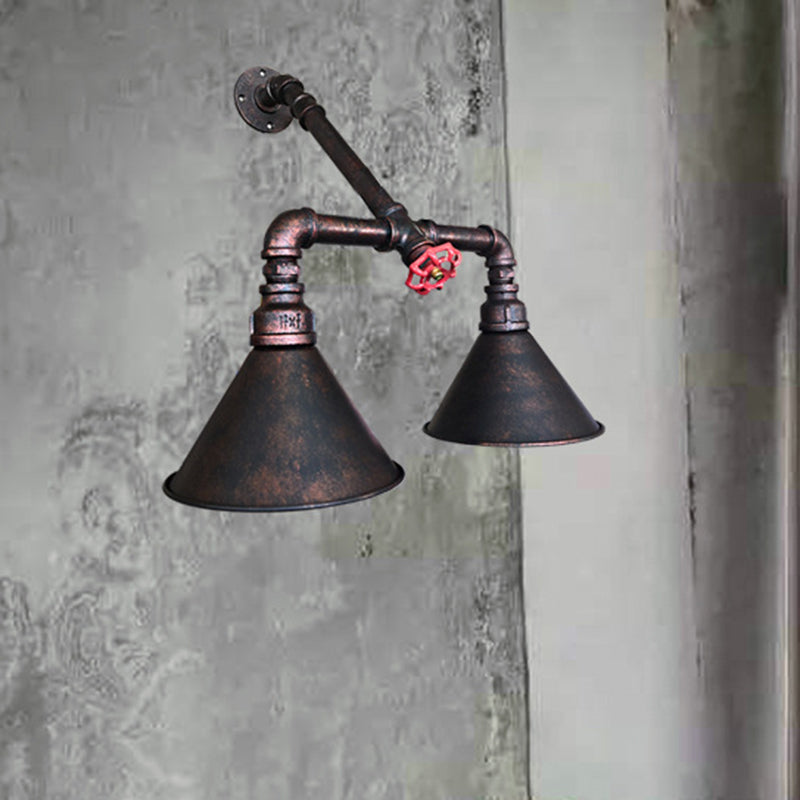 Modern Flared Metallic Wall Mount Sconce with Antiqued Design and Red Valve Accent