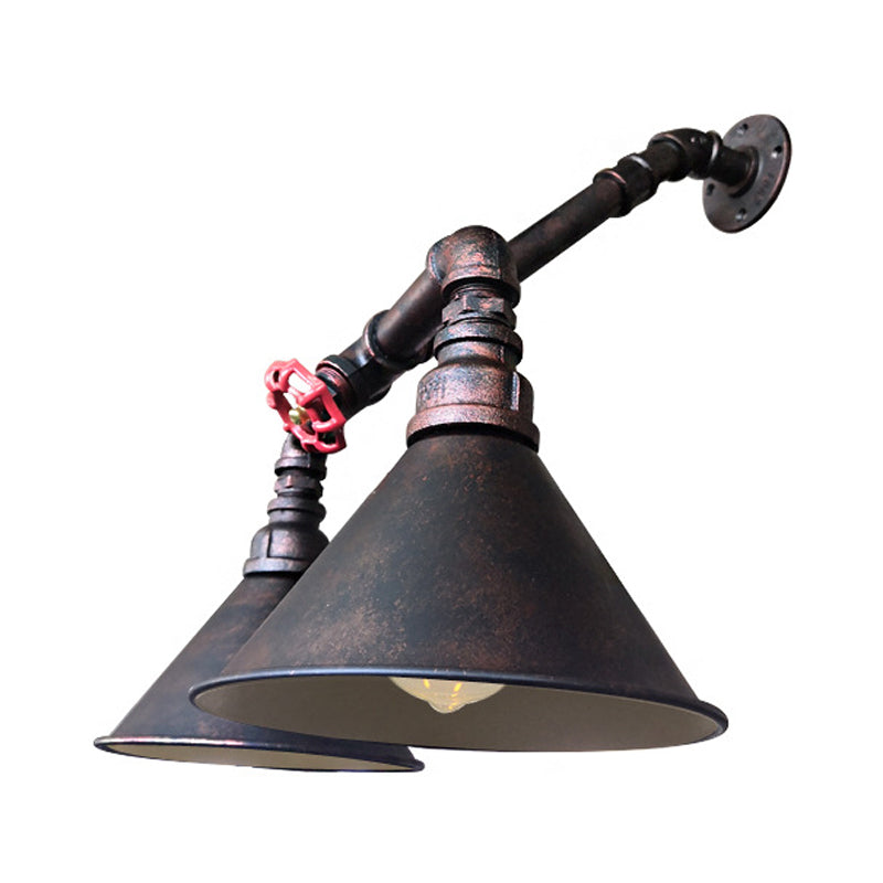 Modern Flared Metallic Wall Mount Sconce with Antiqued Design and Red Valve Accent