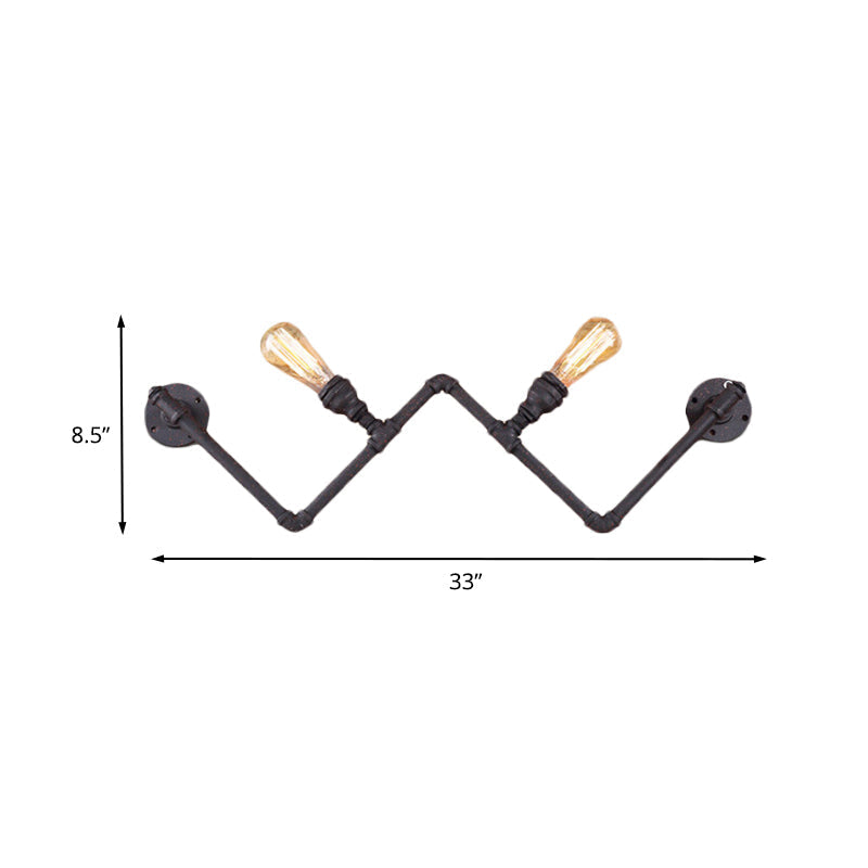 Farmhouse Iron Wall Sconce with Pipe Design - Black, 2-Bulb W-Shaped Wall Lamp Fixture