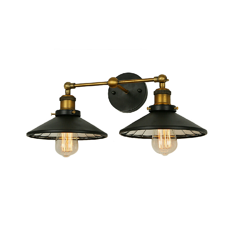 Antiqued Iron and Brass Sconce with Flared Dual Heads and Wall Mount