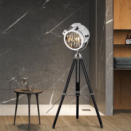 Industrial Style 1-Head Metallic Cylinder Spotlight Floor Lamp in Black/Wood with Tripod