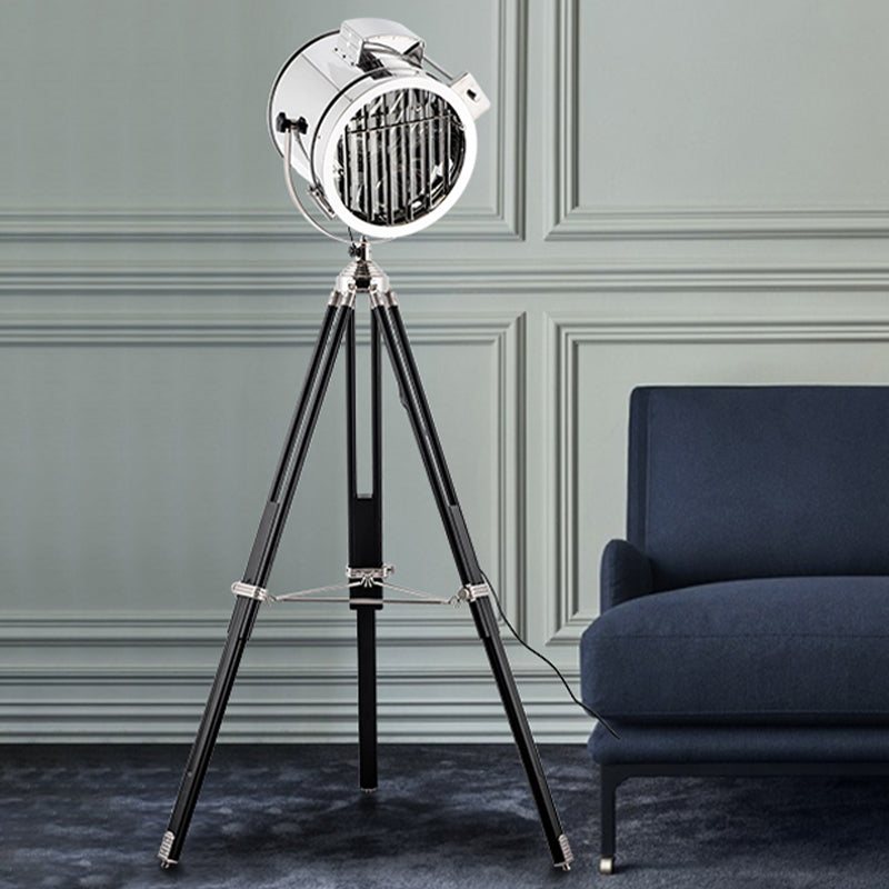 Industrial Style 1-Head Metallic Cylinder Spotlight Floor Lamp in Black/Wood with Tripod