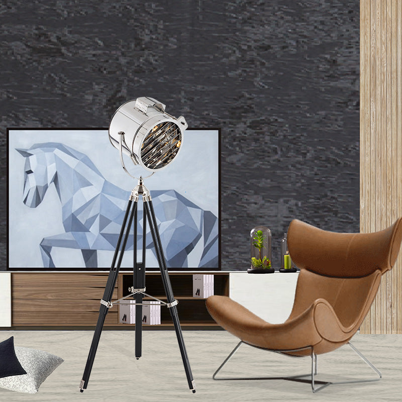 Industrial Style 1-Head Metallic Cylinder Spotlight Floor Lamp in Black/Wood with Tripod