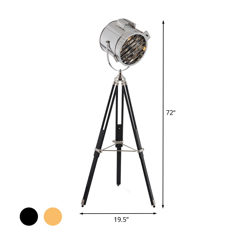 Industrial Style 1-Head Metallic Cylinder Spotlight Floor Lamp in Black/Wood with Tripod