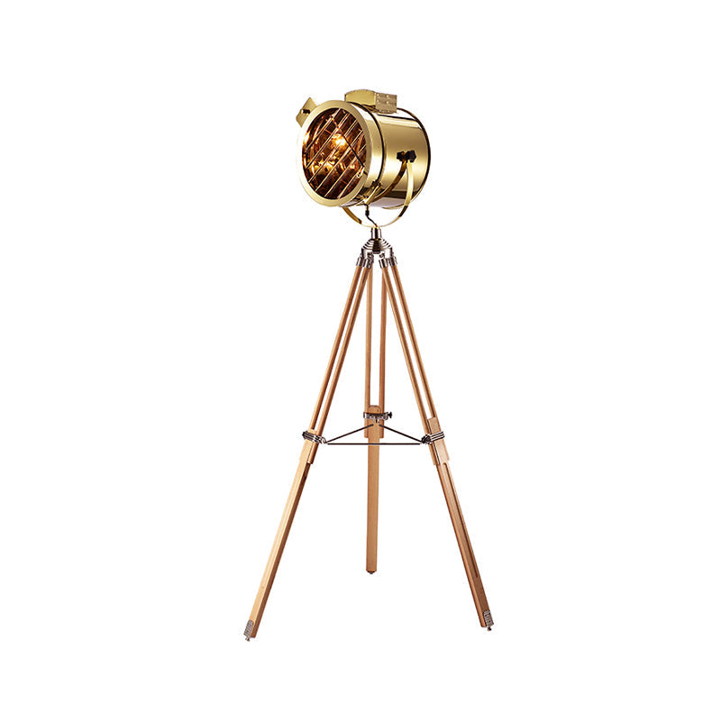 Vintage Metal Spotlight Floor Lamp with Tripod Stand - Black/Wood, Perfect for Living Room Lighting