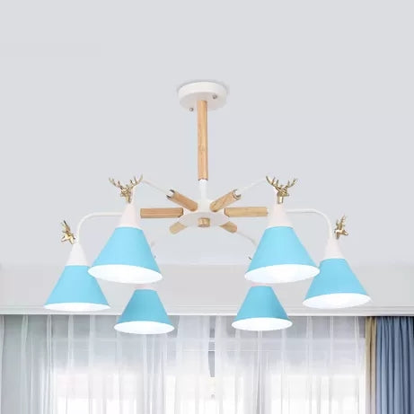 Conical Pendant Light with Antlers: Metal Design, 6 Lights for Dining Room or Kitchen