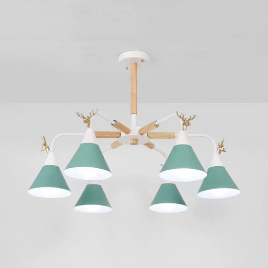 Conical Pendant Light with Antlers: Metal Design, 6 Lights for Dining Room or Kitchen