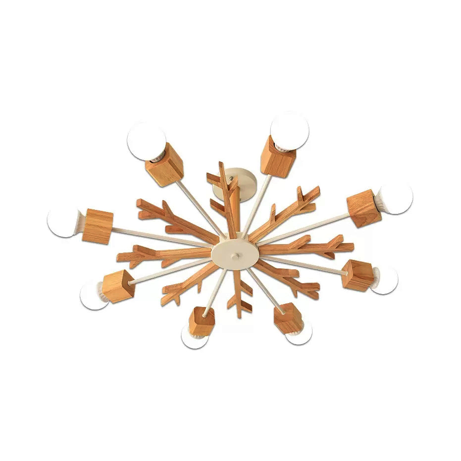 Children's Beige Wood Snowflake Chandelier with Bare Bulb for Living Room