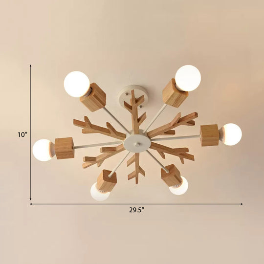 Children's Beige Wood Snowflake Chandelier with Bare Bulb for Living Room