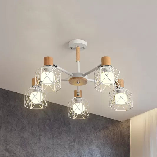 Modern Wood & Metal Chandelier for Villa and Restaurant - Wire Frame Hanging Light