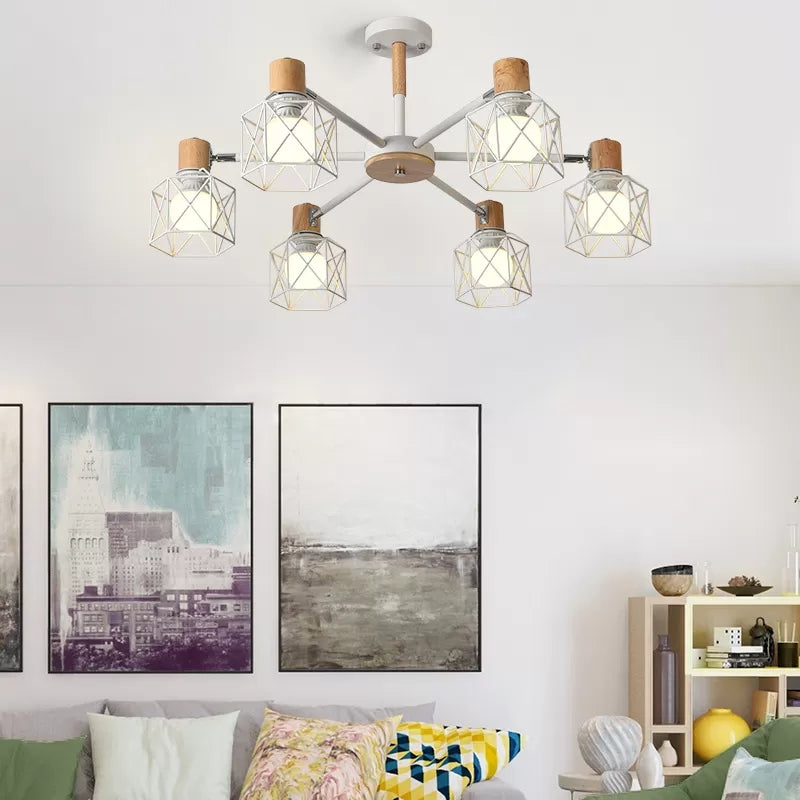 Modern Wood & Metal Chandelier for Villa and Restaurant - Wire Frame Hanging Light