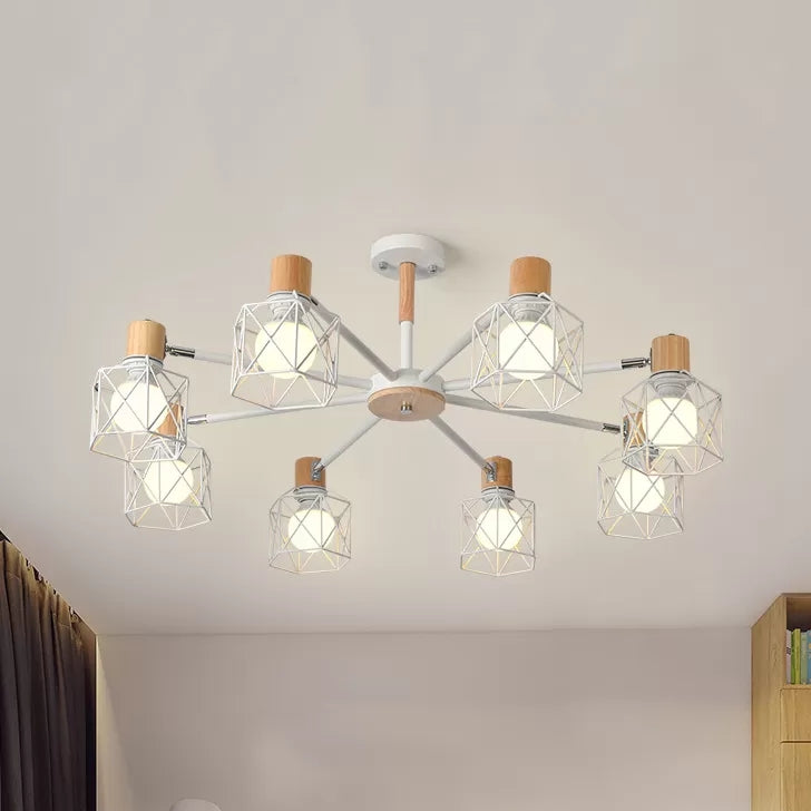 Modern Wood & Metal Chandelier for Villa and Restaurant - Wire Frame Hanging Light