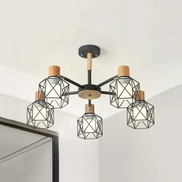 Modern Wood & Metal Chandelier for Villa and Restaurant - Wire Frame Hanging Light