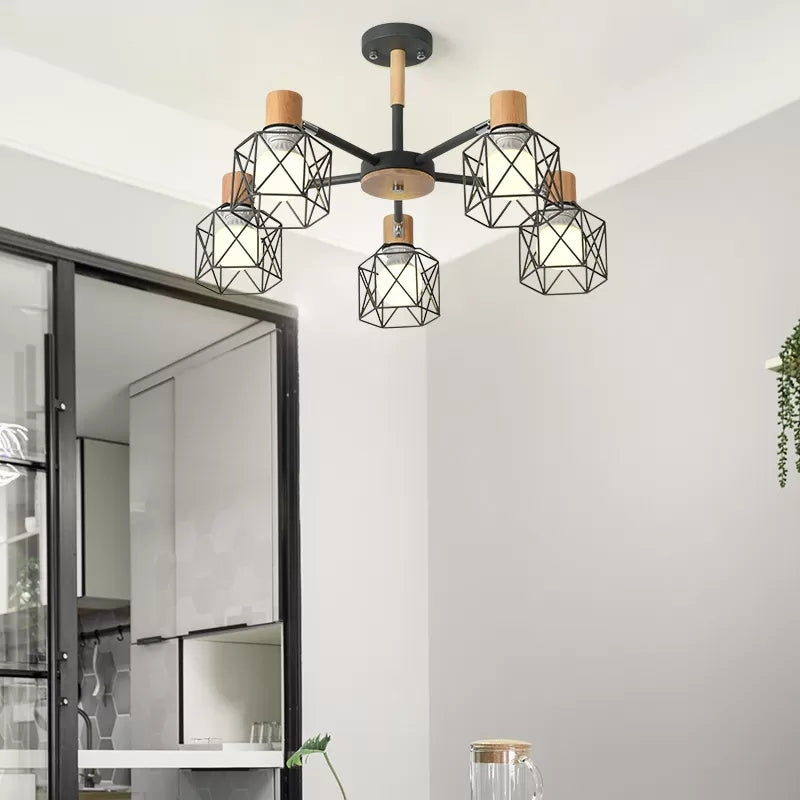 Modern Wood & Metal Chandelier for Villa and Restaurant - Wire Frame Hanging Light