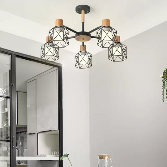 Modern Wood & Metal Chandelier for Villa and Restaurant - Wire Frame Hanging Light