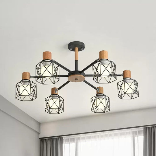 Modern Wood & Metal Chandelier for Villa and Restaurant - Wire Frame Hanging Light